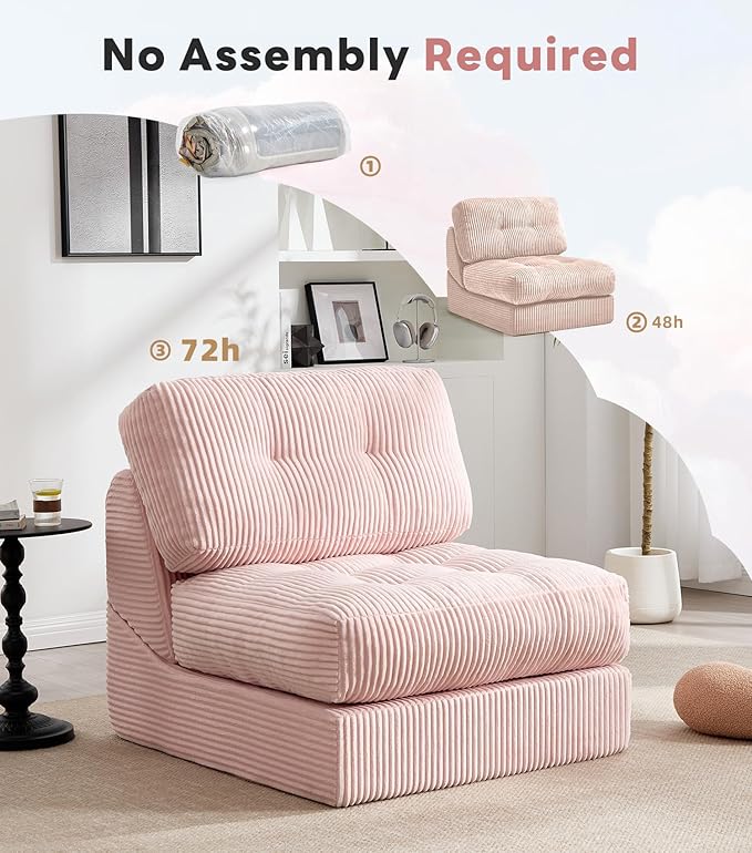 Tbfit Folding Sofa Bed, Convertible Sleeper Chair with Large Pillow, Corduroy Folding Couch Bed, Portable & Foldable Mattress Boneless Floor Sofa for Living Room, Bedroom, Office, Pink, Single