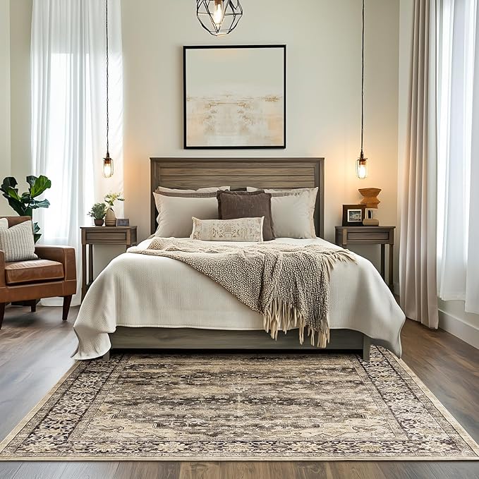 6x9 Living Room Rug Non Slip with Rubber Backing Machine Washable Soft Faux Fur Low Pile Stain Resistant Boho Vintage Euro Floral Carpet Rug for Bedroom Dining Room Kid's Room Home Office,Hazel Brown