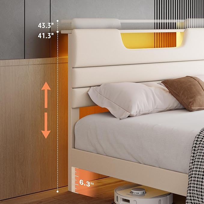 Queen Size Bed Frames with Upholstered Headboard, Modern Platform Bed with Charging Station and Led Lights, Bed Frame with Sturdy Wooden Slats/No Box Spring Needed/2-Tier Storage, Beige