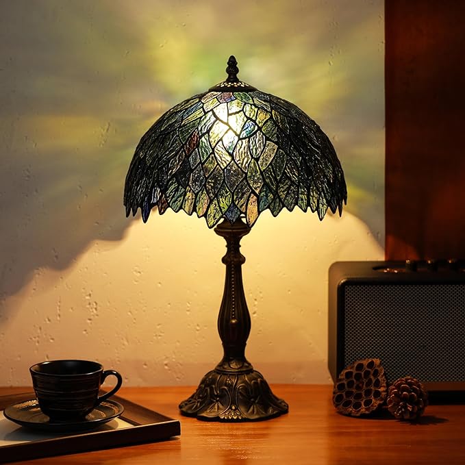 Tiffany Lamps Brownish Green Leaves Style Stained Glass Table Lamp Desk Bedside Reading Light 12X12X18.5 Inches with Bronze Resin Base Applicable to Bedroom Living Room Office