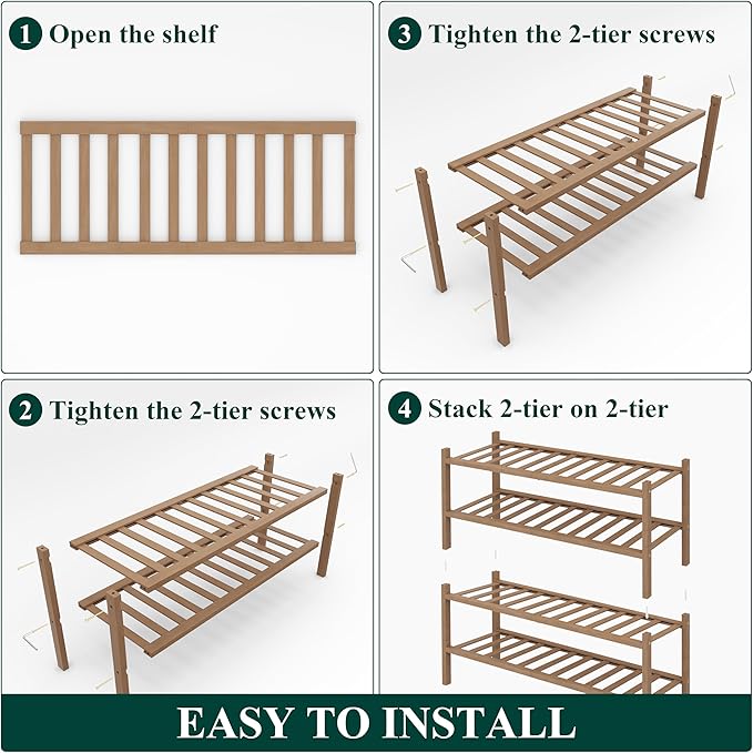 Smiry Shoe Rack, 4 Tier Thick Bamboo Shoe Organizer, Stackable Free Standing Wooden Shoe Storage Shelf for Closet, Entryway, Front Door Entrance, Walnut