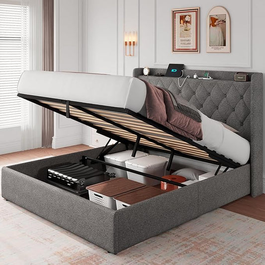 iPormis Full Size Lift Up Storage Bed Frame with Charging Station, Upholstered Platform Bed Frame with Tufted Headboard, Hydraulic Storage, No Box Spring Needed, Noise-Free, Easy Assembly, Light Grey