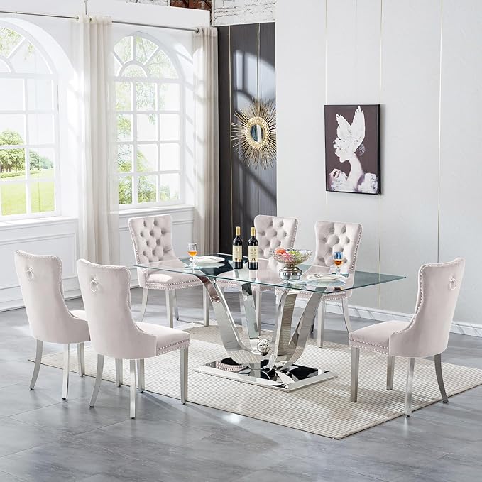 70" Modern Silver Glass Dining Table Set for 6, 7-Piece Rectangle Kitchen Dining Room Table Set with Steel Base & 6 Beige Velvet Upholstered Chairs, Modern Glass Kitchen Table and Chairs Set of 6