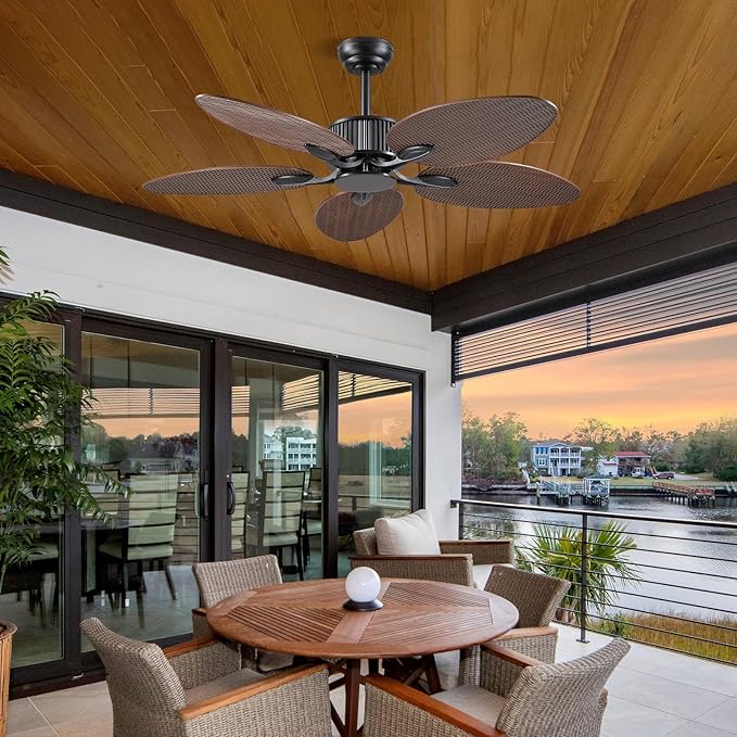 50 Inch Tropical Ceiling Fan no Light, Outdoor Waterproof Palm Leaf Ceiling Fans for Patios Porches, Remote +APP Control, Wet Rated, 6 Speeds, Quiet, Dark Brown