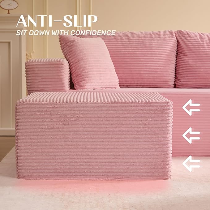107" Boneless Couch with Deep Seat, Modular Sectional Sofa, Cloud Sectional Couch for Living Room, No Assembly Required, Corduroy, U-Shape 3 Seater Left, Pink