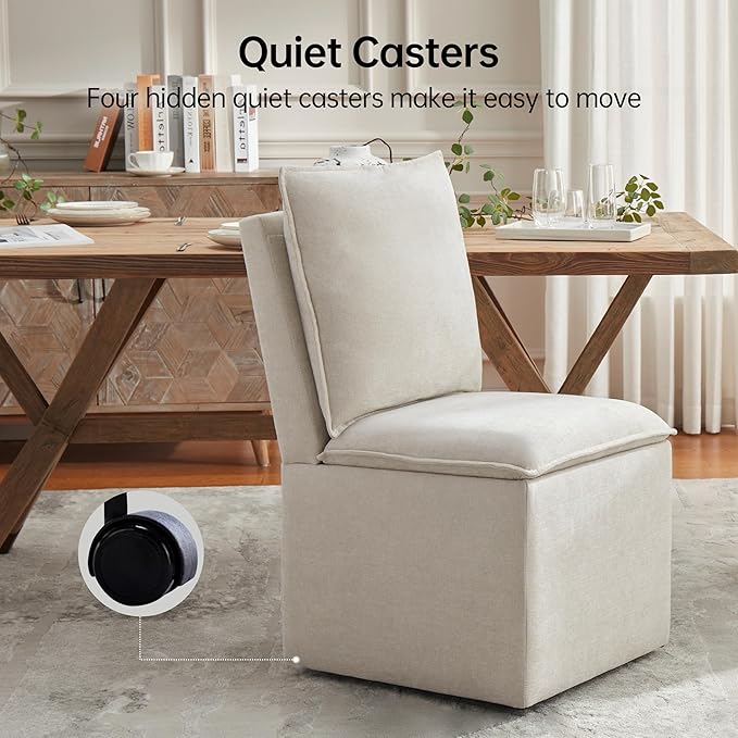 VKNOW Upholstered Dining Chairs, Modern Rolling Chairs with Storage and Wheels, Linen Armless Chair with Cushion and Backrest, Dining Room Chairs for Living Room Kitchen Bedroom, Beige