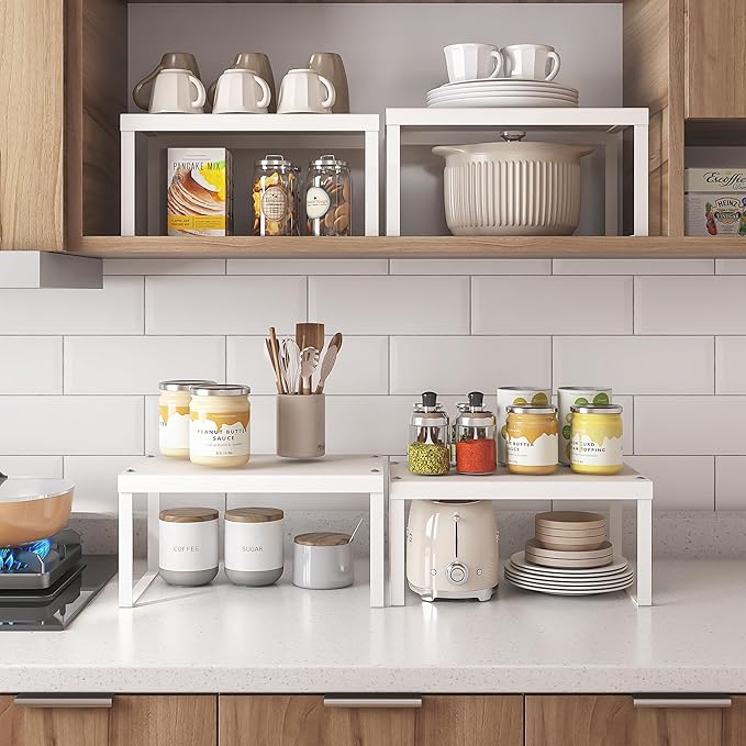 Cabinet Organizer Shelf, Set of 2 Cabinet Shelves, Stackable Metal Kitchen Counter Organizer, Adjustable Countertop Cupboard Pantry Shelf Riser Storage Rack, WHite