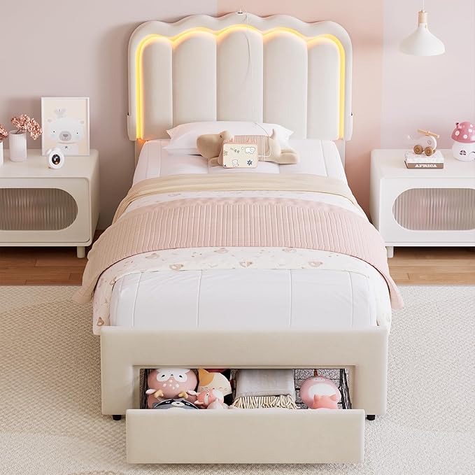 Twin Upholstered LED Bed Frame with Storage Drawer and Adjustable Chic Double Wavy Headboard, Velvet Princess Platform Bed for Kids/Girls, Solid Wood Slats Support, No Box Spring Needed, Beige