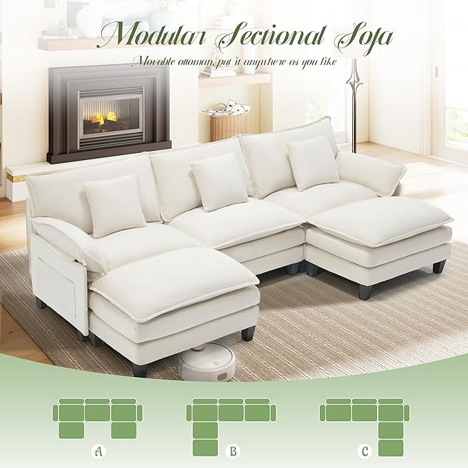 Modular Sectional Sofa, Comfy Cloud Couch with Movable Ottoman, Deep Seat Couches for Living Room, Bedroom and Apartment, 106" U Shaped Modern Sofa with Pillows, Beige