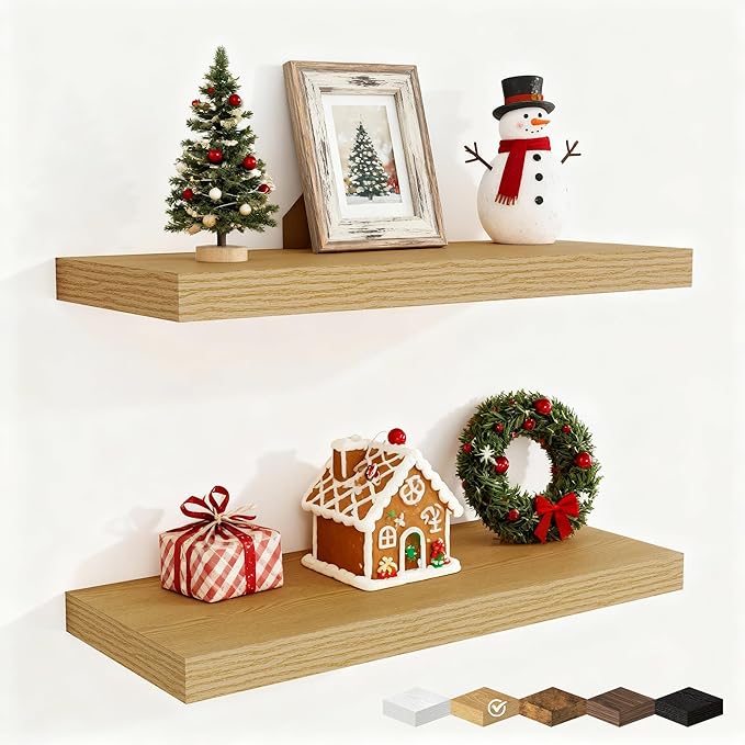 Fun Memories 24 Inch Floating Shelves for Wall, 9 Inch Deep Oak Rustic Wood Wall Mounted Shelves for Bathroom, Kitchen, Living Room, Set of 2