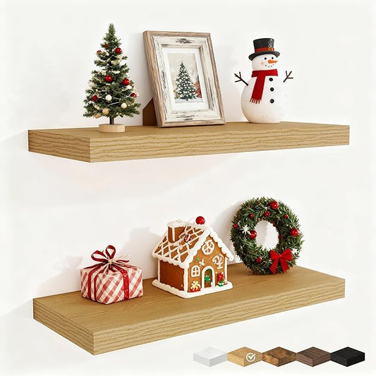 Fun Memories 24 Inch Floating Shelves for Wall, 9 Inch Deep Oak Rustic Wood Wall Mounted Shelves for Bathroom, Kitchen, Living Room, Set of 2