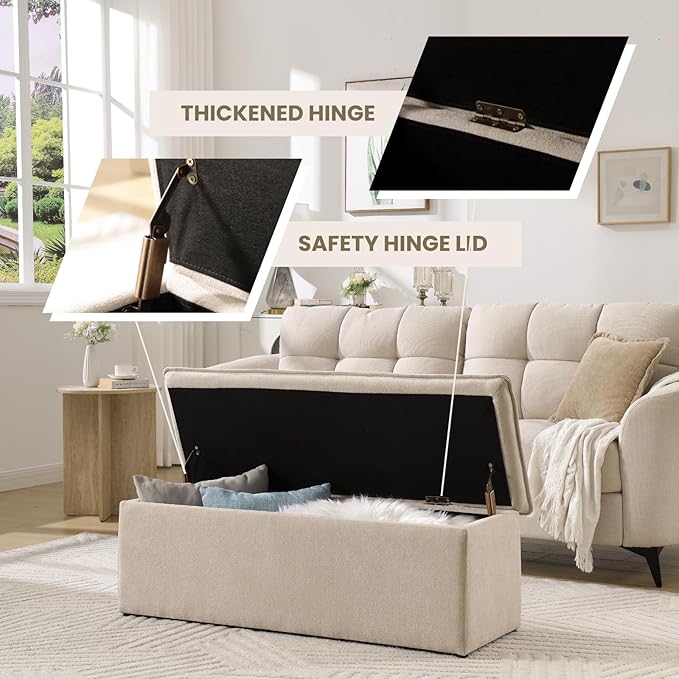 45.5 Inch Storage Ottoman Bench, Modern Upholstered Chenille End of Bed Bench with 2 Safety Hinge, Entryway Bench with Seating for Bedroom Living Room, Oatmeal