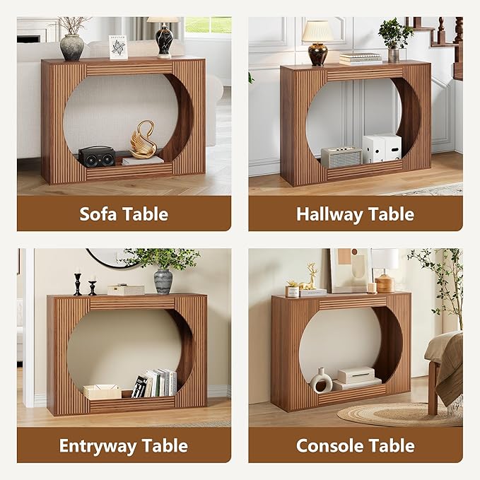 43.3" Console Table with Storage, 2-Tier Wooden Entryway Table with Carving Lines, Mid-Century Modern Accent Rectangular Sofa Table Behind Couch for Foyer, Entrance, Living Room, Hallway (Walnut)