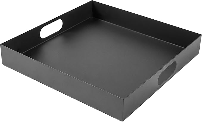 MyGift 16 Inch Square Serving Tray, Modern Matte Black Metal Breakfast and Decorative Ottoman Tray with Oval Cutout Handles