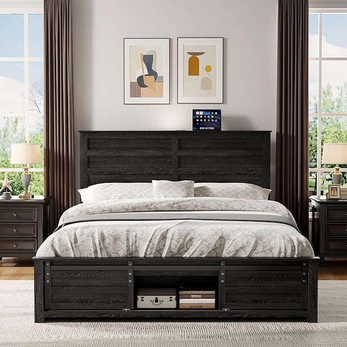 Wooden Bed Frame Queen Size with Headboard & Sliding Barn Door Storage Footboard, Farmhouse Platform Bedframe with Charging Station, No Box Spring Needed (Black, Queen)