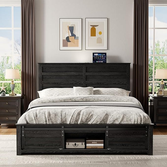 Wooden Bed Frame Queen Size with Headboard & Sliding Barn Door Storage Footboard, Farmhouse Platform Bedframe with Charging Station, No Box Spring Needed (Black, Queen)