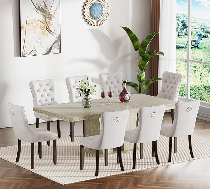 Goujxcy 9-Piece Extendable Dining Table Set for 8, 63-78 Inch Faux Travetine Kitchen Table Set with 8 Beige Upholstered Chairs Modern Wood Expandable Dining Room Table Set for Kitchen Apartment