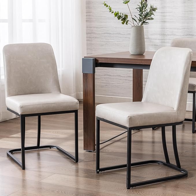 Grey PU Leather Dining Chairs Set of 2 Mid Century Modern Comfortable Dining Room Chair with Curved Backrest, Upholstered Kitchen Side Chairs with Black Metal Legs