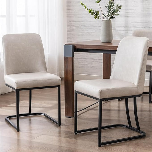 Grey PU Leather Dining Chairs Set of 2 Mid Century Modern Comfortable Dining Room Chair with Curved Backrest, Upholstered Kitchen Side Chairs with Black Metal Legs