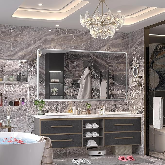 Silver Framed Mirrors for Bathroom,72 x 36 Inch Rounded Conner Rectangle Mirror for Wall, Matte Silver Vanity Mirror with Tempered Glass,Hangs Horizontally or Vertically