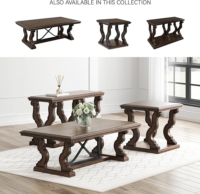 Signature Design by Ashley Maylee Classic Sofa Table with Open Shelf and Scroll Legs, Dark Brown