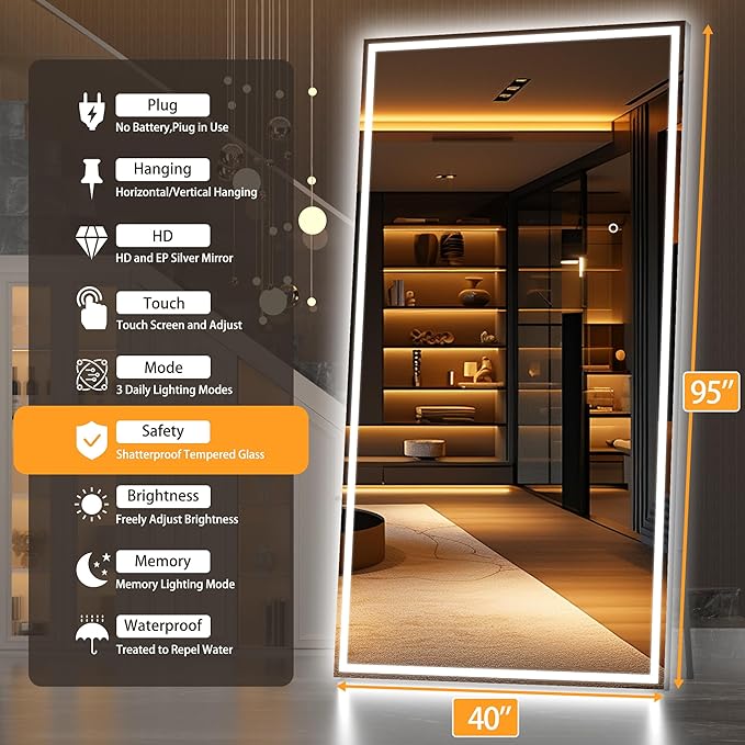 Hasipu Full Length Mirror with Lights, 95" x 40" LED Lighted Floor Standing Mirror, Full Body Dressing Hanging Mounted Mirrors, Dimmable, Tempered Glass, Safe to Use, Square Black
