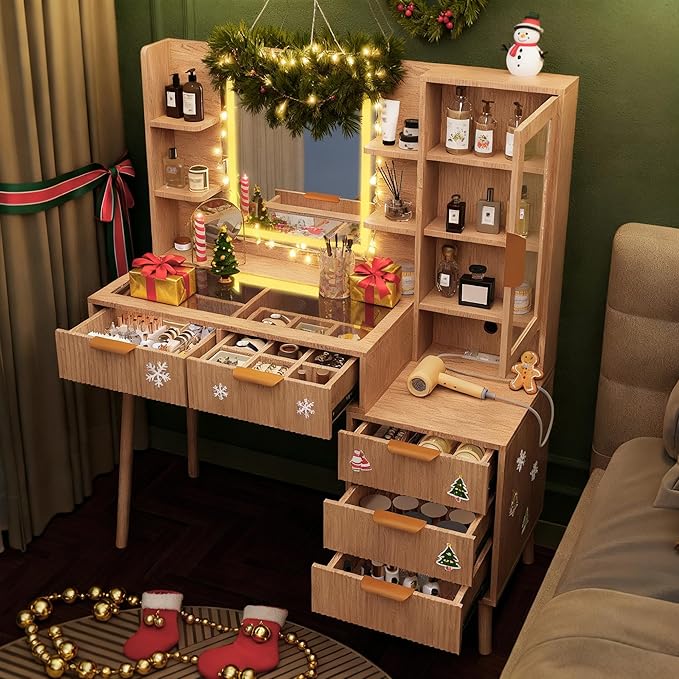 Fluted Vanity Desk with Mirror and Lights, 5 Drawers Glass Top Makeup Vanity with 10 Storage and 9-Grid Organizer, 3 Color Clear Glass Door Dressing Table with Charging Station, Natural Oak