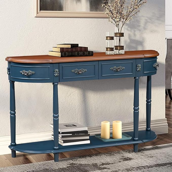 HMFULE Retro Curved Console Table, 52" Half Moon Sofa Entryway With 2 Drawers 1 Open Shelf, Solid Pine Legs for Living Room, Hallway, Navy Blue