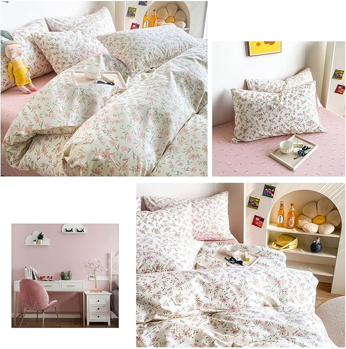 EAVD Garden Style Pink Floral Comforter Set Queen White Soft Microfiber Chic Floral Leaves Pattern Bedding Set with 2 Pillowcases Vintage Botanical Comforter Set for All-Season