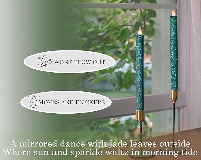 Flameless Taper Candles Flickering with Remote and Timer, 3D Moving Flame Taper Candle Battery Operated to 400 Hours, 9 Inch Window Candles, (Glitter Green)