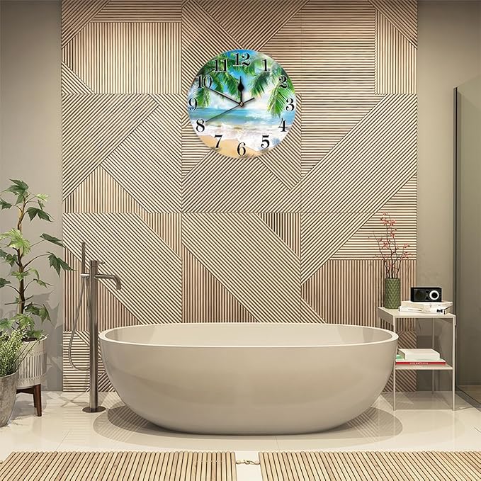 Tropical Beach Coconut Tree Wall Clock Battery Operated 10 in Round Wall Clocks Slilent Non Ticking Quartz Analog Clock for Bedroom Kids Living Room Classroom Decor