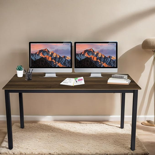 55 inch Large Computer Desk Wood, Modern Simple Style Desk for Home Office, Bedroom, Study Student Writing Desk, Small Spaces, Black Metal Frame, Walnut Top