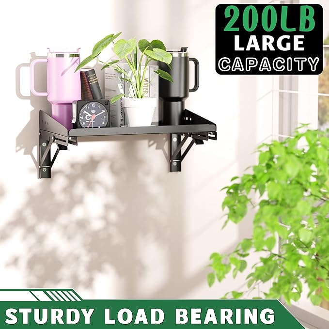 ULIBERMAGNET Garage Folding Storage Rack Shelves,200LB Metal Wall Mounted Adjustable Rail Shelf for Garage,Power Tools,Toolbox,Storage Shelves with Lip for Workshop Kitchen Office (2 Pack)