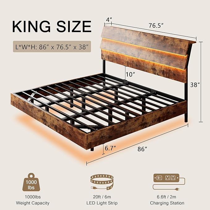 Floating Bed Frame King Size with Led Headboard and Charging Station, Metal Platform Bed Base with Storage, Remote Control, Heavy Slats Support, No Box Spring Needed, Noise Free, Vintage Brown