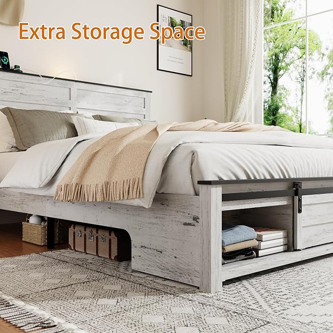 Wooden Queen Size Bed Frame with Headboard, Boho White Farmhouse Storage Bedframe with Sliding Barn Door Footboard and Charging Station, Wood Slats, No Box Spring Needed