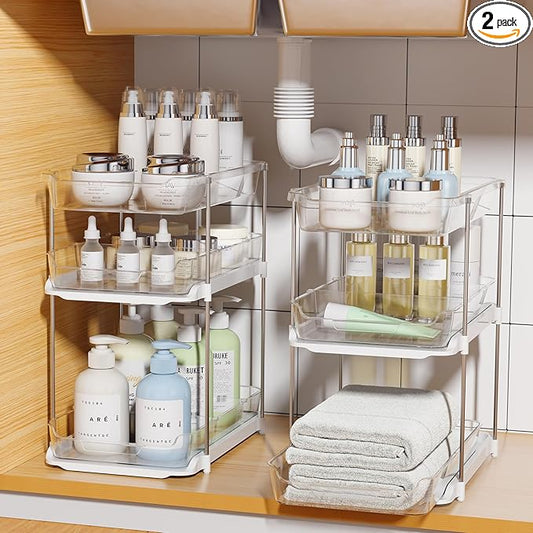 Delamu 2 Sets of 3-Tier Bathroom Under Sink Organizers and Storage, Multi-Purpose Stackable Pantry Organization and Storage, Pull Out Clear Kitchen Bathroom Cabinet Organizer with Movable Dividers