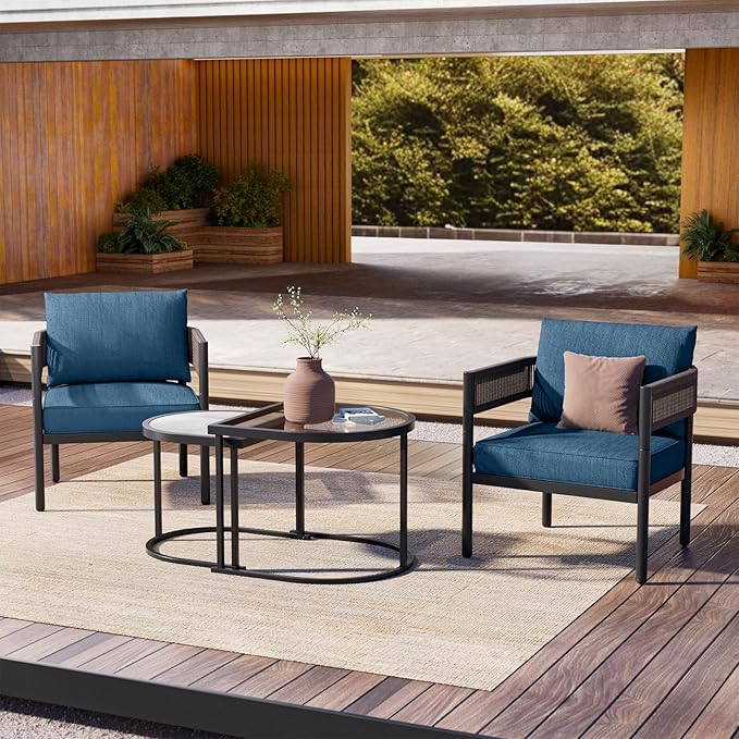 Grand patio 4-Piece Outdoor Conversation Set with 2 Single Chairs and 2 Patio Coffee Tables, Wicker Furniture Set, Peacock Blue