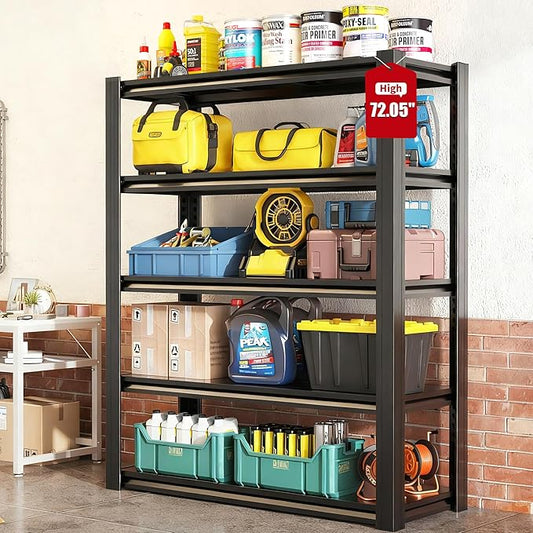 72" H Garage Shelving, Metal Storage Shelves, Adjustable 5 Tier Storage Rack, Heavy Duty Shelving, Industrial Utility Shelf for Garage, Warehouse, Bedroom, Kitchen,16" D×36" W×72" H, Black