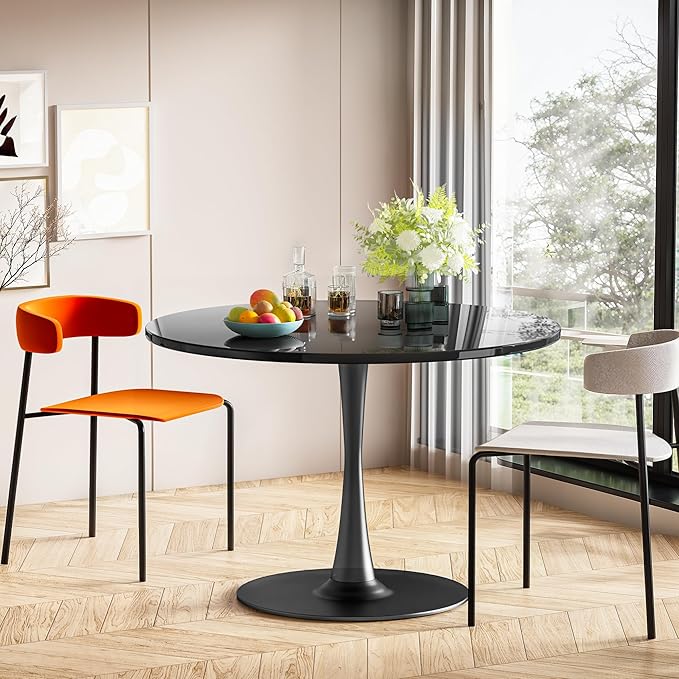 DKLGG Black Round Dining Table, 39.1" Tulip Kitchen Dining Table for 4-5 People with MDF Top & Pedestal Base, Mid-Century End Leisure Coffee Office Living Room Table