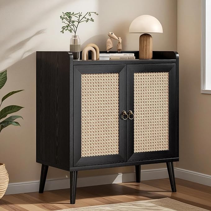 26" Rattan-Door Sideboard Cabinet with Round Pull Rings, 2-Door Credenza Buffet with Generous Storage, Modern Accent Cabinet for Living Room & Kitchen, Black
