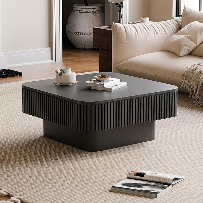Square Coffee Table for Living Room,Fluted Drum Accent Tea Center Table with Storage,Solid Wood Modern Coffee Tables for Small Space Office Apartment (31.5" L×31.5''W×14''H-Black)