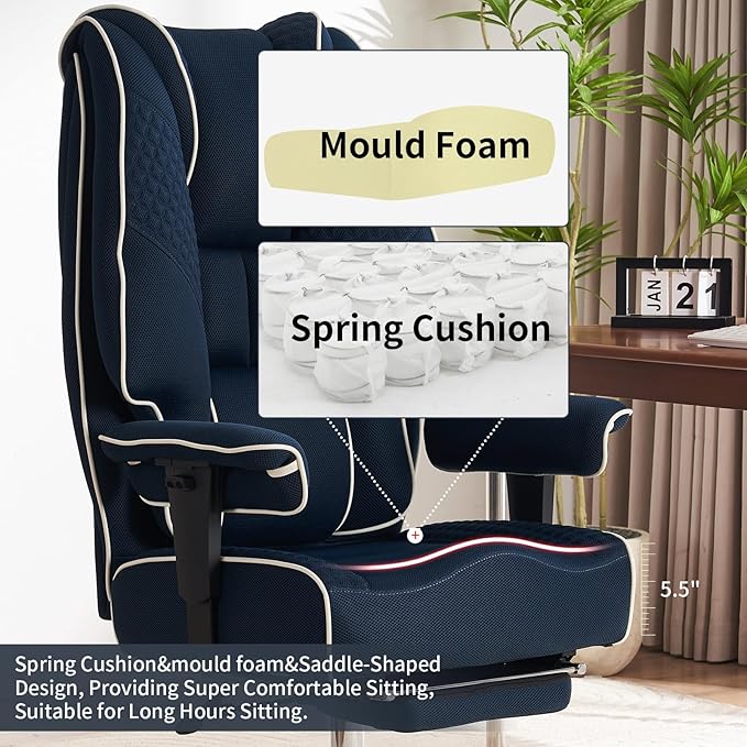 Big and Tall Office Chair 400lbs Wide Seat, Leather High Back Executive Office Chair with Lumbar Support, Ergonomic Chairs Padded Armrests & Thick Cushion (Mesh Blue)