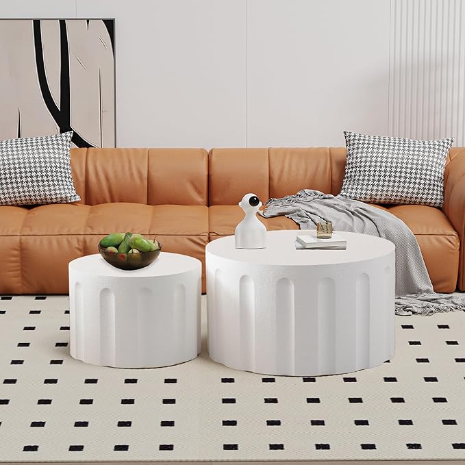 Round Nesting Coffee Table Set of 2, Round Fluted Coffee Tables for Living Room Modern Nesting End Side Tables for Small Spaces (B White)