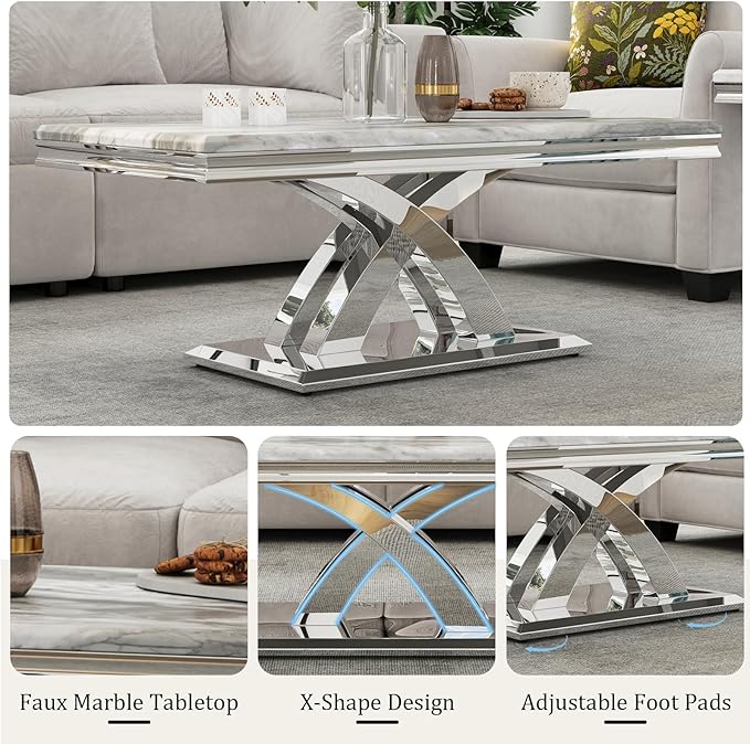 AUZ 3 Pieces Silver Living Room Table Set Modern Coffee Table Set with X-Shape Design Polished Stainless Steel Frame