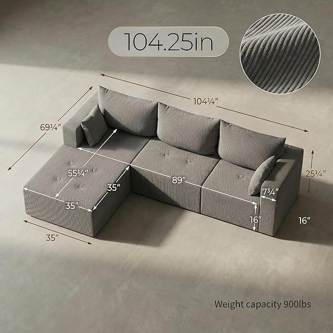 Cloud Boneless Sectional Sofa, Modular Sofa with Deep Seat, Modern Upholstered Couch with Chaise Lounge, Fluffy Comfy L-Shape Sectional Couch for Living Room, Black