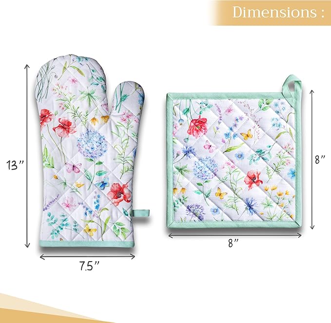 Maison d' Hermine 100% Cotton Oven Mitt & Pot Holder Set (7.5"x13" & 8"x8") Heat Resistant BBQ Cooking Gloves with Loop, Baking, Grilling, Kitchen, Handling Hot Pans Spring/Summer (Just Floral)