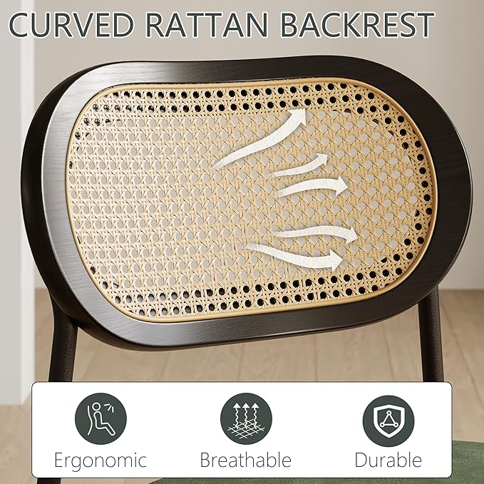 Rattan Dining Chairs Set of 4, Green Leather Upholstered Dining Chairs with Rattan Cane Back, Mid Century Modern Dining Room Chairs with Black Metal Legs & D-Shaped Thicken Cushion, Green