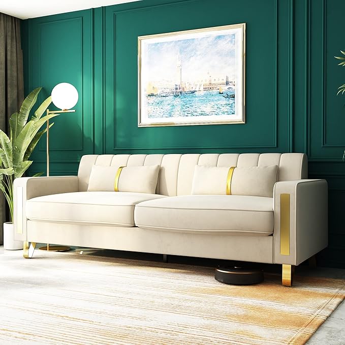 Couch 85.62" 3 Seats Sectional Velvet Fabric Sofa Easy Assemble Sofa Bed with 2 Couch Pillows,Gold Metal Legs for Living Room (P17, Beige)