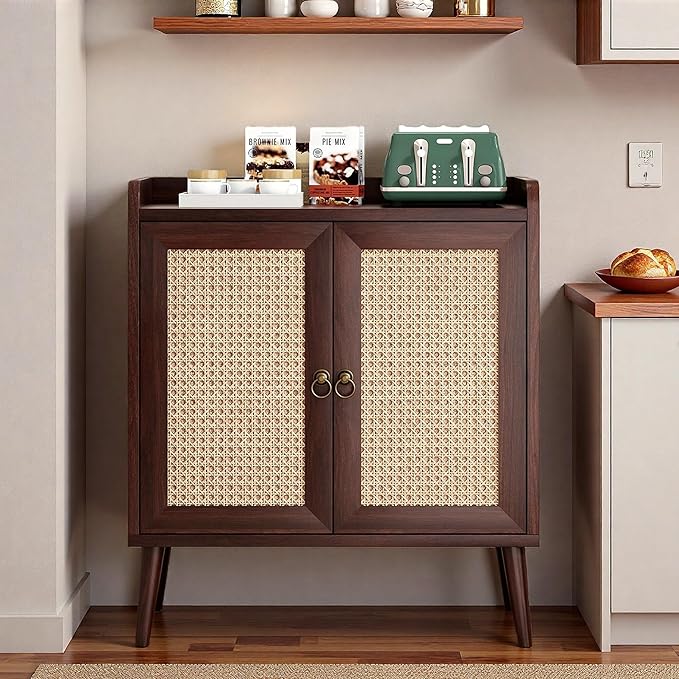 26" Rattan-Door Sideboard Cabinet with Round Pull Rings, 2-Door Credenza Buffet with Generous Storage, Modern Accent Cabinet for Living Room & Kitchen, Dark Brown