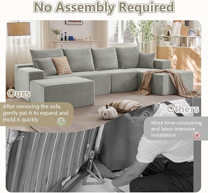 135" U-Shape Cloud Couch, Modern Modular Sectional Comfy L-Shape Sofa with Ottoman, Deep Seat, Upholstered Corduroy Sleeper Chaise Longue for Living Room Bedroom, No Assembly Required, Grey